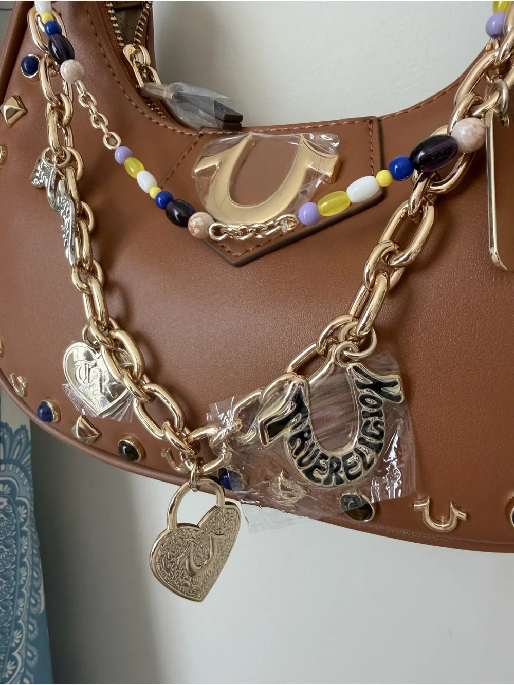 True Religion Brown gold stud stone accent Shoulder Bag Gold beaded bag charms
